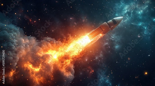 A rocket launches into space, surrounded by vibrant cosmic colors and fiery exhaust.