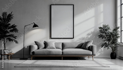 Fototapeta Naklejka Na Ścianę i Meble -  A minimalist living room with a blank two framed wall, a gray sofa, a wooden side table with decorative items, and a floor lamp (2)