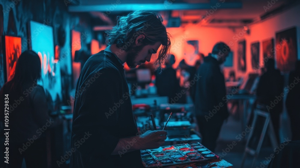 A creative scene featuring an artist painting in a vibrant, atmospheric gallery setting. A creative scene featuring an artist painting in a vibrant, atmospheric gallery setting.