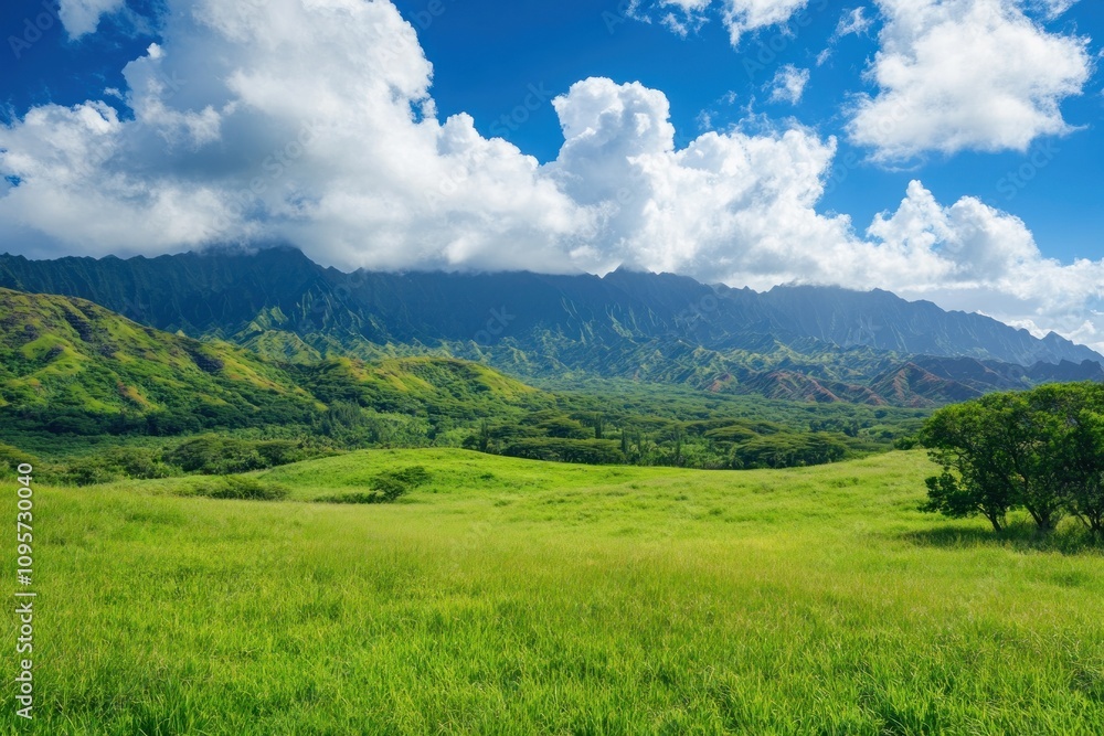 Lush green hills with mountains in the background and blue sky, scenic landscape Lush green hills with mountains in the background and blue sky, scenic landscape