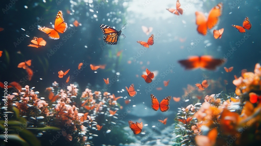 Fototapeta premium A serene underwater scene filled with vibrant butterflies and blooming flowers.