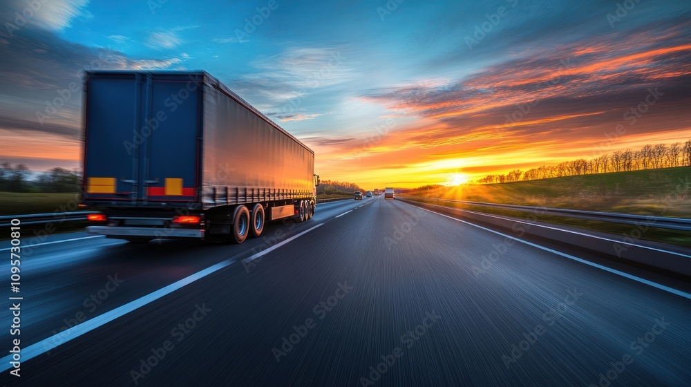 Semi-truck driving on highway at sunset. Semi-truck driving on highway at sunset.