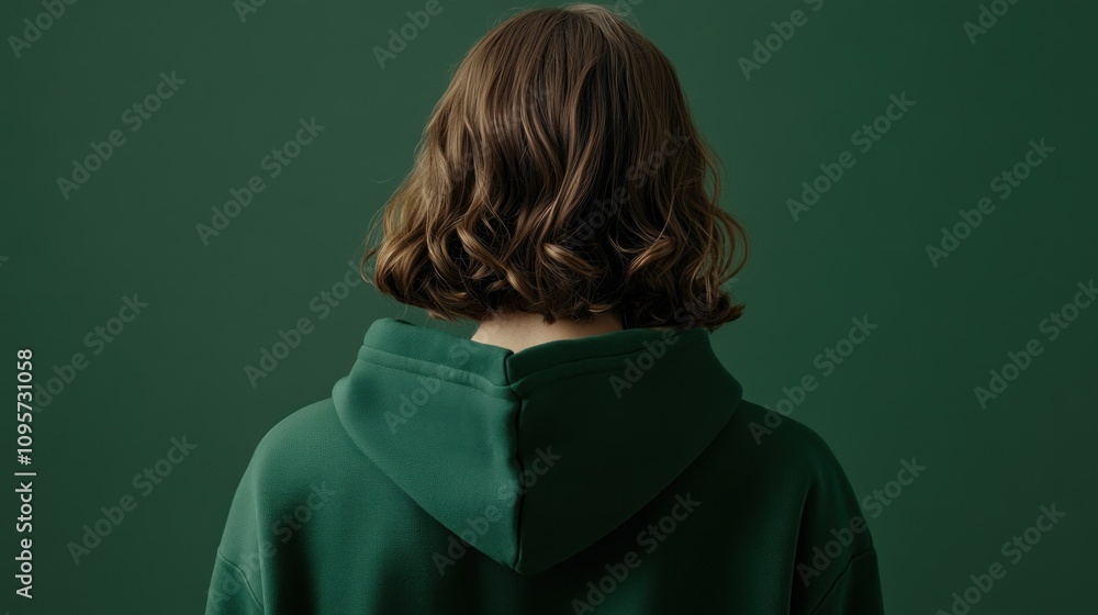 A person with curly hair wearing a green hoodie, seen from the back against a green background. A person with curly hair wearing a green hoodie, seen from the back against a green background.