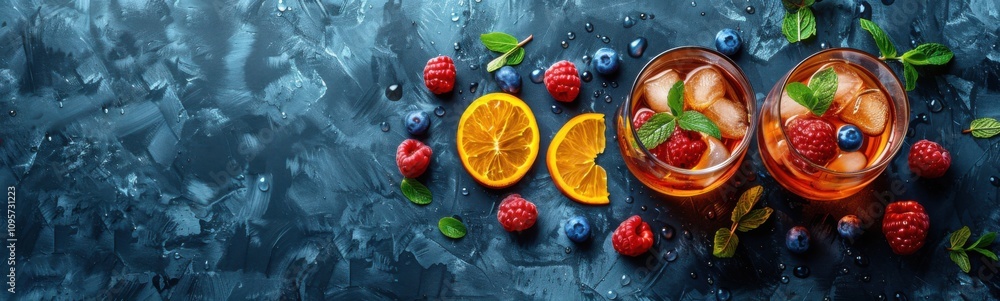 Two glasses of tea with ice and berries on the table, drink background, summer, banner, copy space Two glasses of tea with ice and berries on the table, drink background, summer, banner, copy space