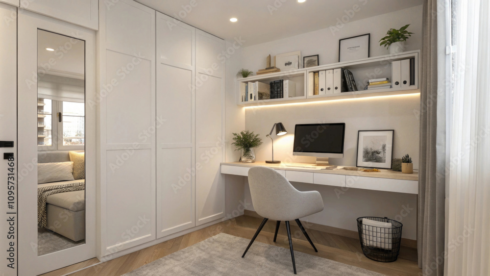 Modern minimalist home office with cozy design elements Modern minimalist home office with cozy design elements
