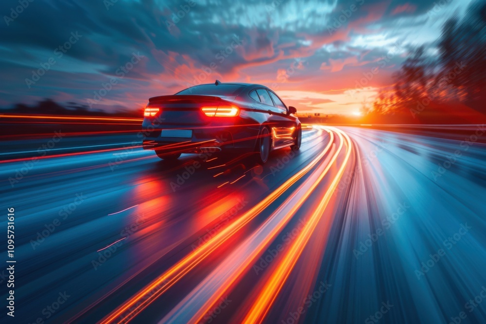 Cars driving on a highway at sunset with motion blur Cars driving on a highway at sunset with motion blur