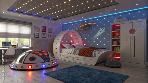 Futuristic children's bedroom with spaceship theme photo