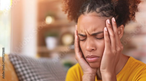 Person sitting in a dimly lit room, holding head with both hands, looking distressed. Symbolizing stress and mental strain due to a nerve disorder. 