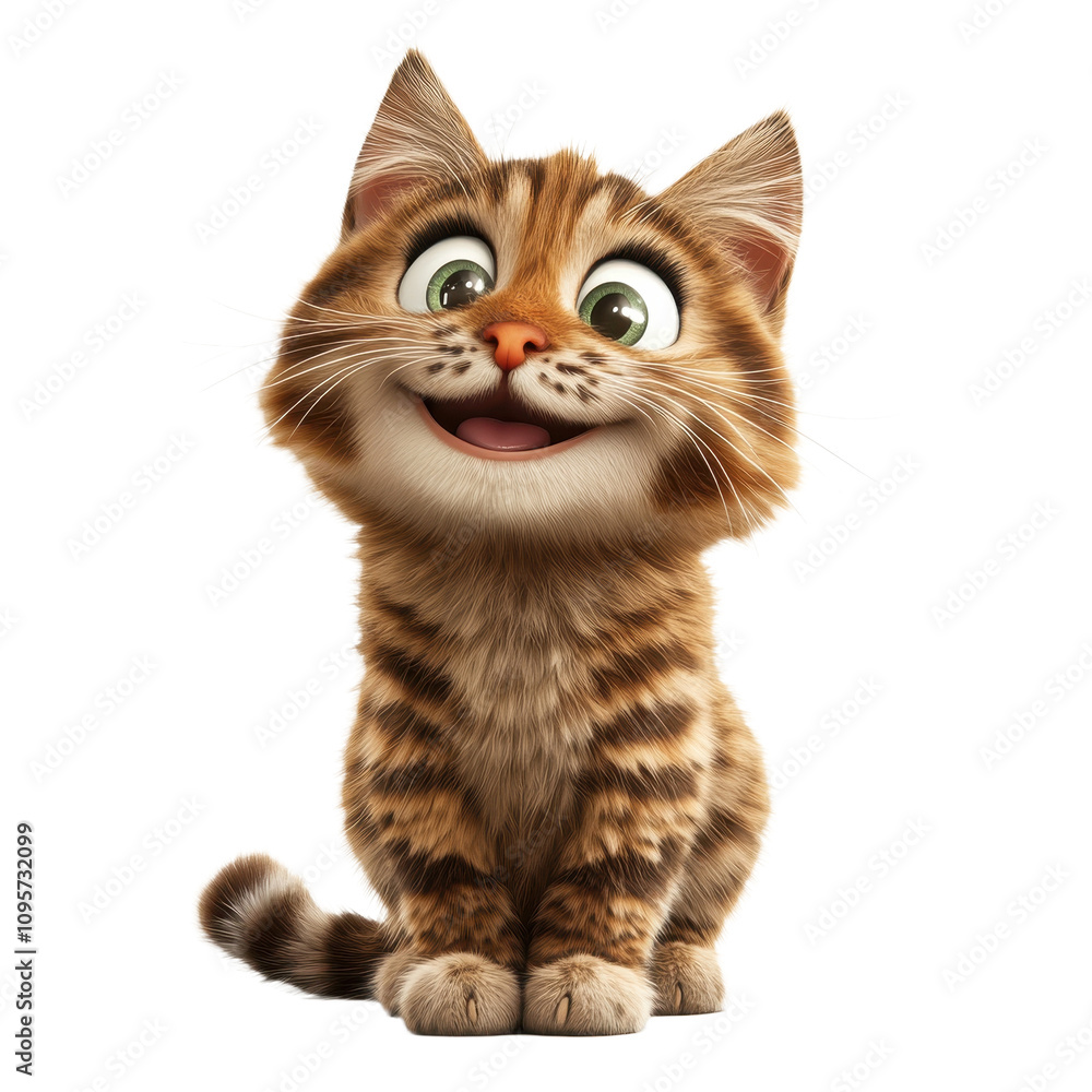 Obraz premium A digitally rendered image of a cheerful brown tabby kitten with bright green eyes and a wide smile.