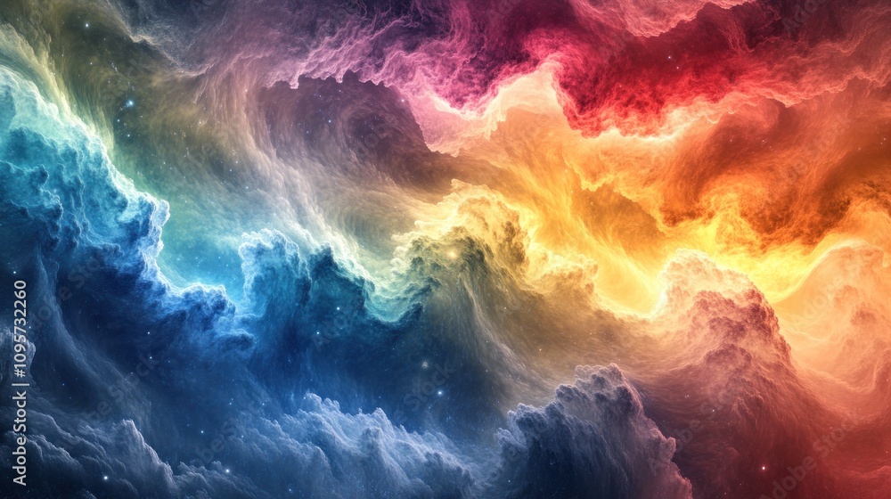 A vibrant cosmic scene filled with colorful nebulae and swirling clouds of gas and dust. A vibrant cosmic scene filled with colorful nebulae and swirling clouds of gas and dust.