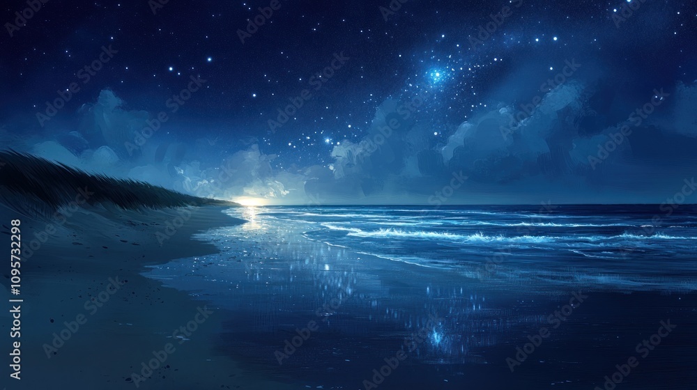 Naklejka premium A serene beach scene under a starry night sky, reflecting light on calm ocean waters.