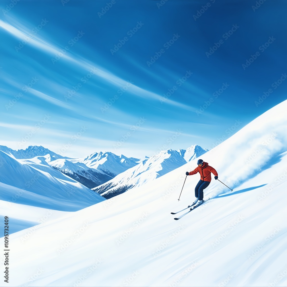 Skier in red jacket gliding down snowy mountain slopes under blue sky. Skier in red jacket gliding down snowy mountain slopes under blue sky.
