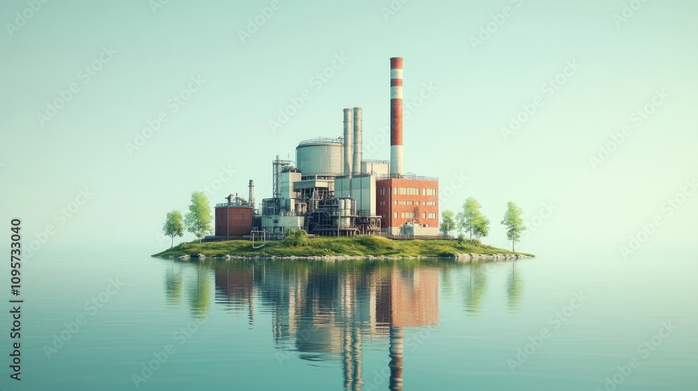 Industrial complex on a serene island, reflecting in calm water. Industrial complex on a serene island, reflecting in calm water.