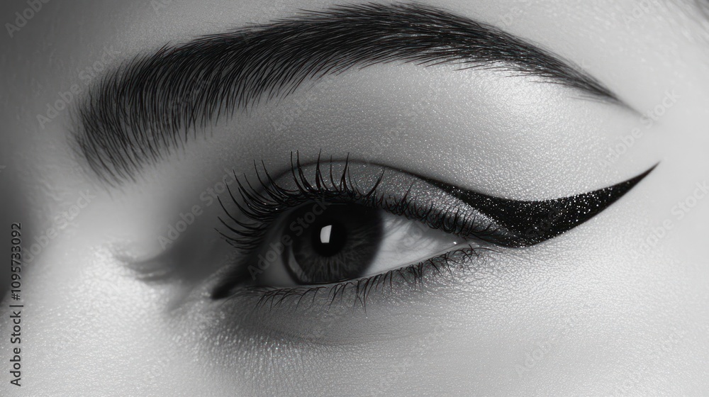 A close-up of an eye featuring dramatic eyeliner and well-groomed eyebrows. A close-up of an eye featuring dramatic eyeliner and well-groomed eyebrows.