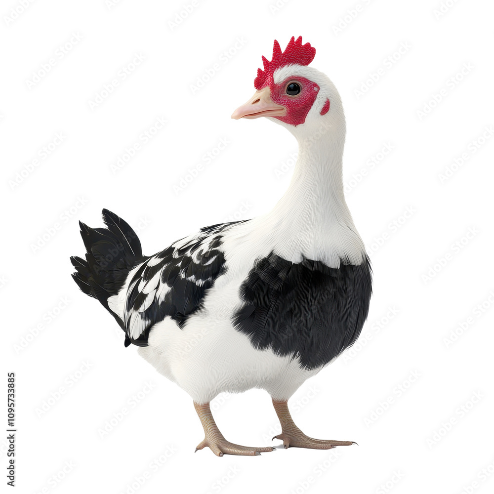 Fototapeta premium The image shows a digitally rendered black and white chicken standing in profile against a plain black background.