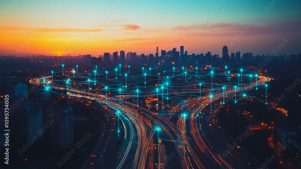 Obraz premium Smart digital Innovation city with connection network reciprocity over the cityscape. of future smart wireless digital city and social media networking systems that connects people with in city