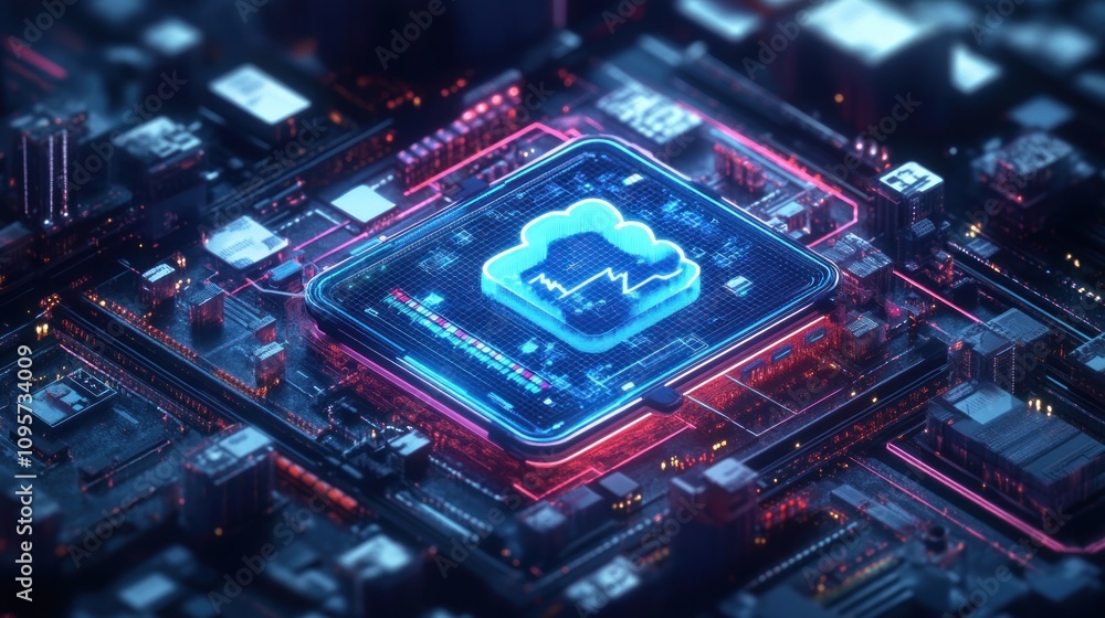 A futuristic microchip with a cloud symbol, representing cloud computing technology. A futuristic microchip with a cloud symbol, representing cloud computing technology.