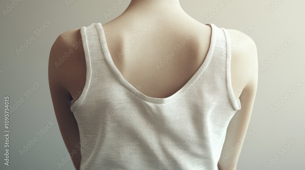 A close-up view of the back of a mannequin wearing a simple white tank top. A close-up view of the back of a mannequin wearing a simple white tank top.