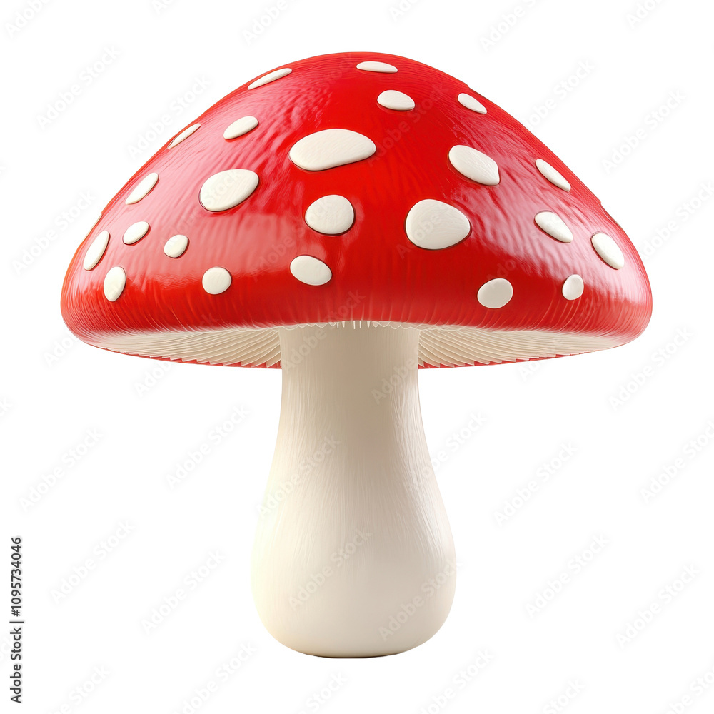 A digitally rendered image showcases a single red mushroom with white spots against a black background. A digitally rendered image showcases a single red mushroom with white spots against a black background.