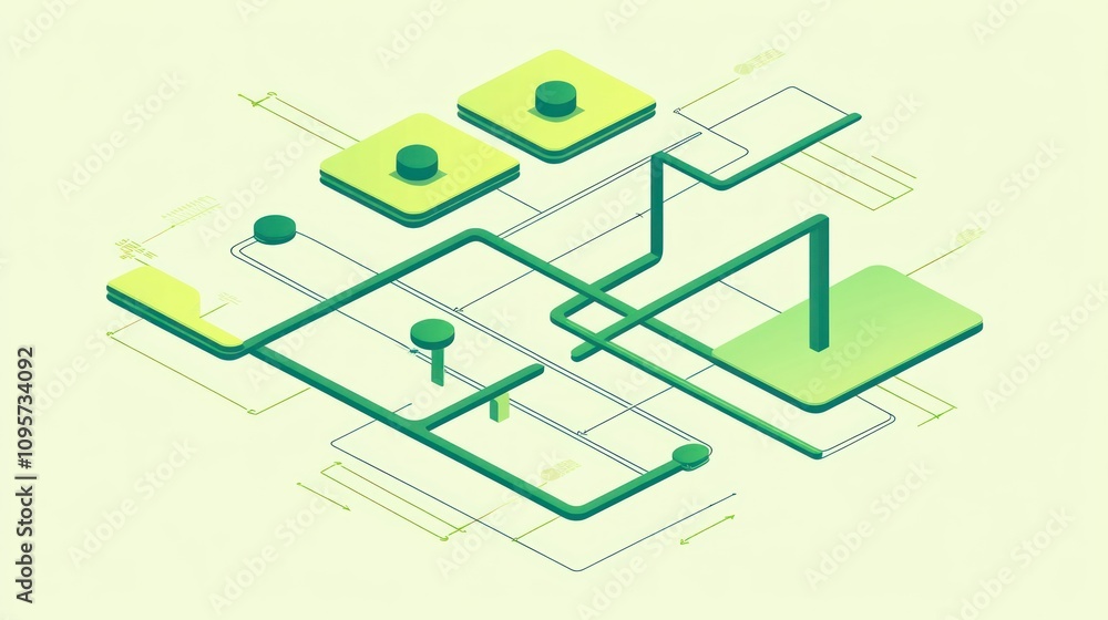 Abstract illustration of interconnected pathways and nodes in a green color scheme. Abstract illustration of interconnected pathways and nodes in a green color scheme.