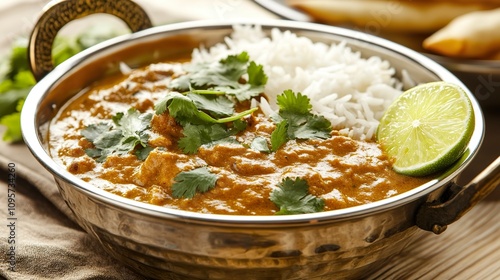 Delicious curry with rice, cilantro, and lime.