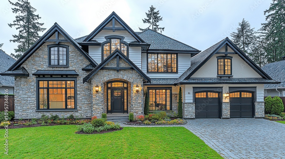 Luxurious Modern Home Exterior Stone Facade Evening Lighting Luxurious Modern Home Exterior Stone Facade Evening Lighting