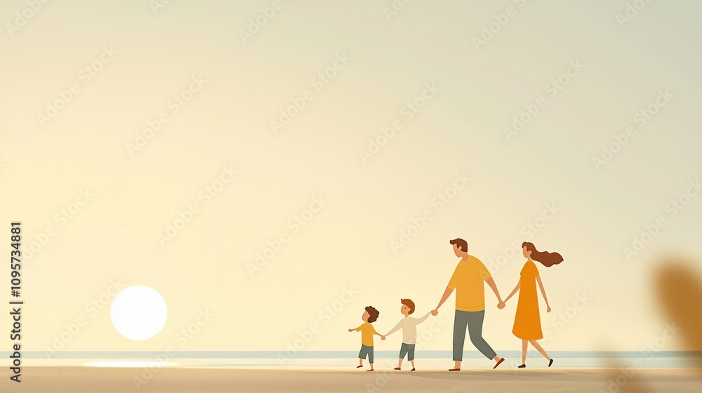 Cartoon Family Walking Together at Sunset Illustration Beach Warm Atmosphere Joyful Concept Cartoon Family Walking Together at Sunset Illustration Beach Warm Atmosphere Joyful Concept