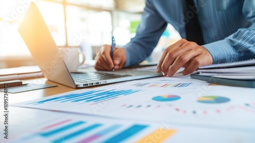 A professional working on a laptop with charts and graphs on a desk.