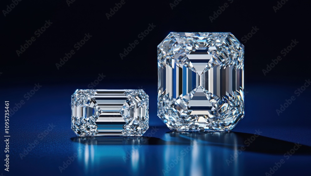 Two sparkling diamonds displayed against a dark background, showcasing their brilliance. Two sparkling diamonds displayed against a dark background, showcasing their brilliance.