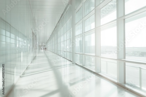 A bright, modern corridor with large windows and reflections, suggesting a spacious environment.