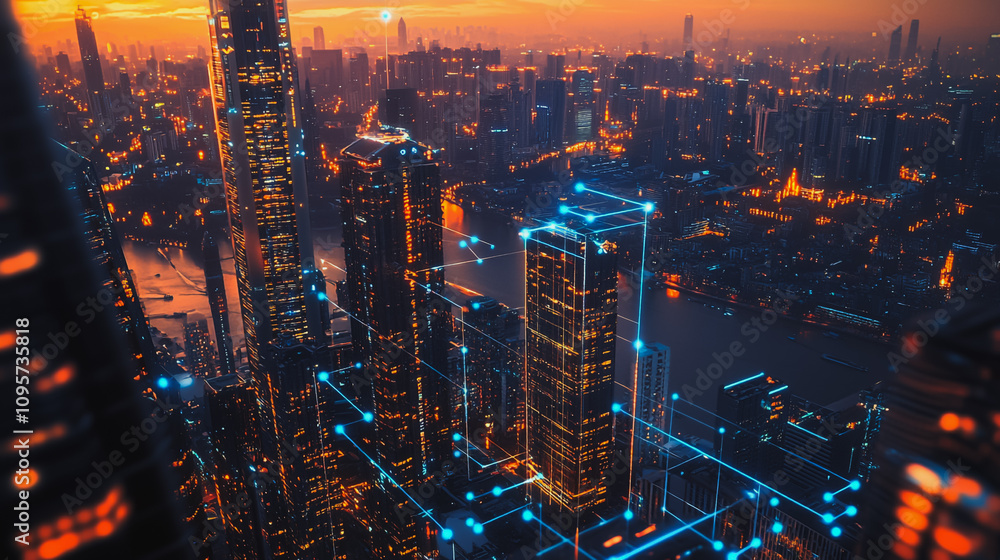 Fototapeta premium Smart digital Innovation city with connection network reciprocity over the cityscape. of future smart wireless digital city and social media networking systems that connects people with in city
