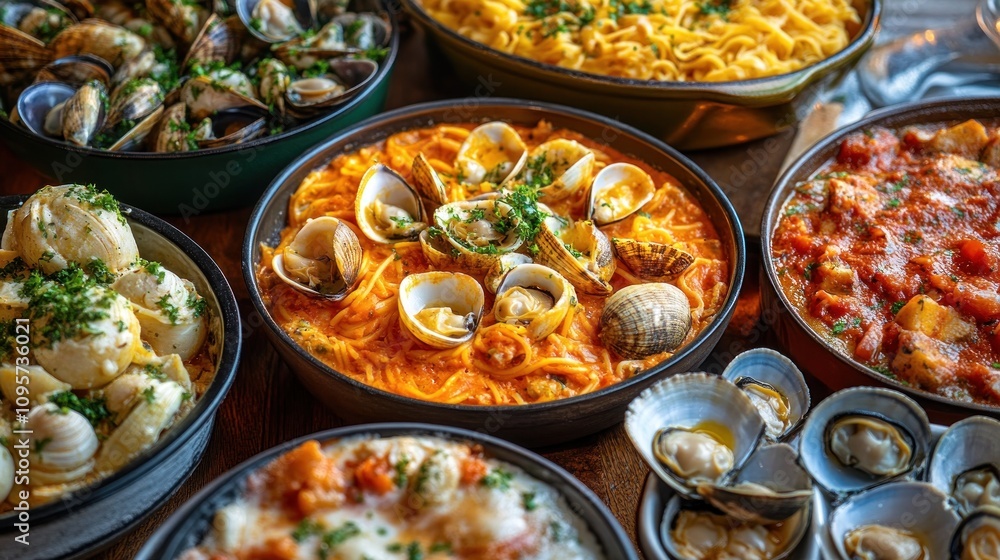 A vibrant assortment of seafood pasta dishes garnished with herbs. A vibrant assortment of seafood pasta dishes garnished with herbs.