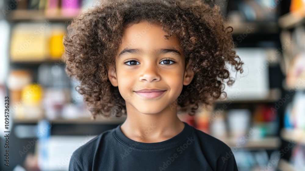 A smiling child with curly hair stands in front of a blurred background of shelves. A smiling child with curly hair stands in front of a blurred background of shelves.