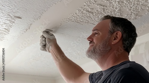 Man Applying Ceiling Texture During Home Renovation. AI Generated photo