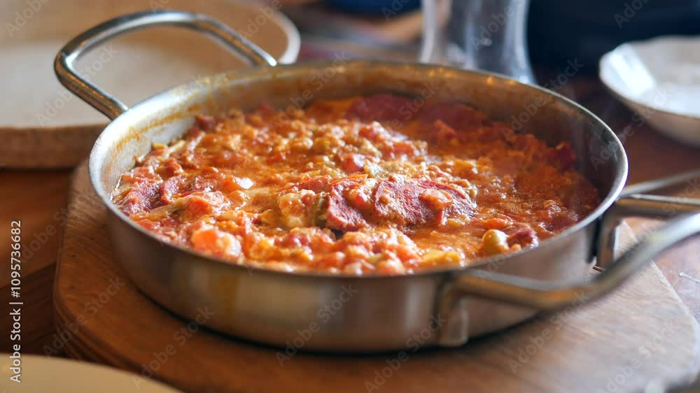Turkish Menemen omelet in a frying pan. . Turkish Menemen omelet in a frying pan. .