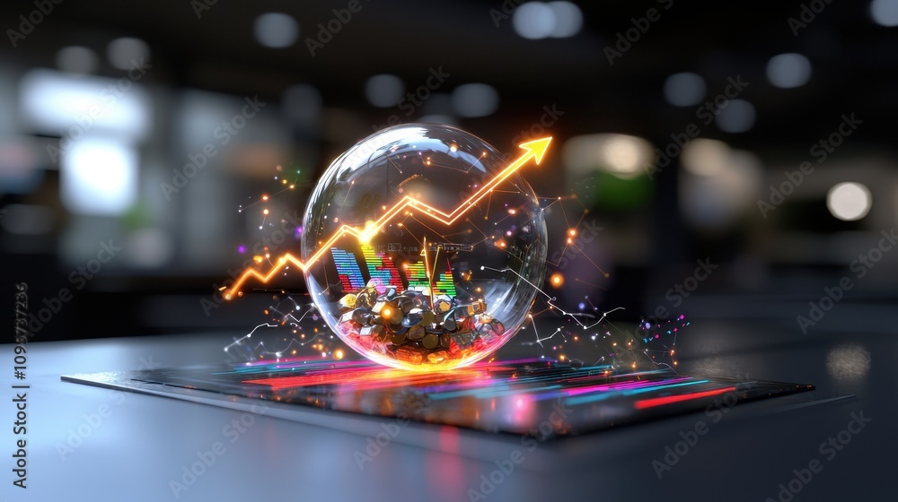 Colorful financial growth concept in 3D sphere with glowing elements representing market trends, investments, and data analysis in modern office environment Colorful financial growth concept in 3D sphere with glowing elements representing market trends, investments, and data analysis in modern office environment
