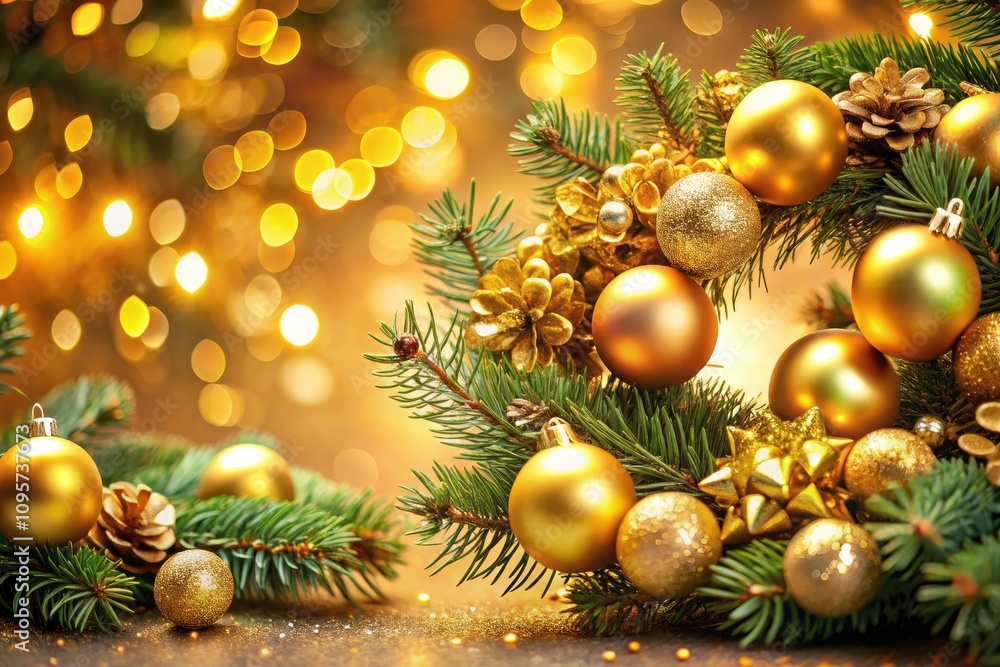 Festive Gold Wreath with Pine Branches and Ornaments, Exuding Holiday Warmth and Elegance for Christmas Decor and Seasonal Celebrations Festive Gold Wreath with Pine Branches and Ornaments, Exuding Holiday Warmth and Elegance for Christmas Decor and Seasonal Celebrations
