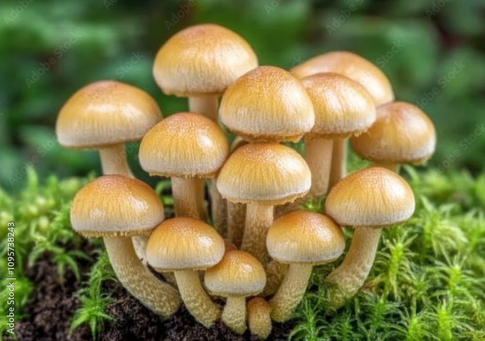 A cluster of small, golden mushrooms growing on mossy ground. A cluster of small, golden mushrooms growing on mossy ground.