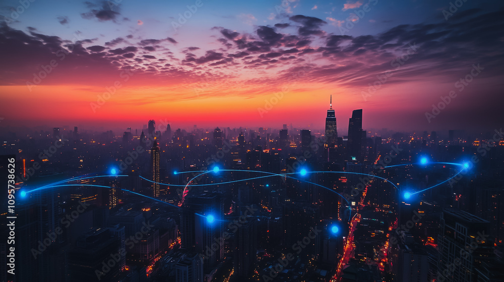 Smart digital city with connection Innovation network reciprocity over the cityscape . Concept of future smart wireless digital city and social media networking systems that connects business people Smart digital city with connection Innovation network reciprocity over the cityscape . Concept of future smart wireless digital city and social media networking systems that connects business people