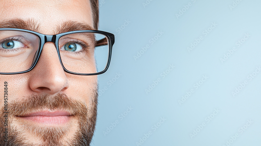 confident man with glasses showcases sharp, professional look. His well groomed beard and bright blue eyes add to sophisticated appearance, perfect for business settings confident man with glasses showcases sharp, professional look. His well groomed beard and bright blue eyes add to sophisticated appearance, perfect for business settings