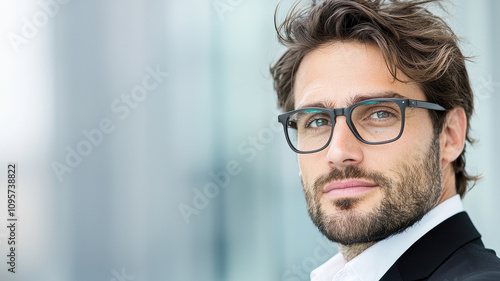 confident man in formal attire wearing stylish eyewear, showcasing professionalism and charisma in modern setting