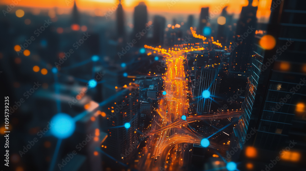 Obraz premium Smart digital city with connection Innovation network reciprocity over the cityscape . Concept of future smart wireless digital city and social media networking systems that connects business people