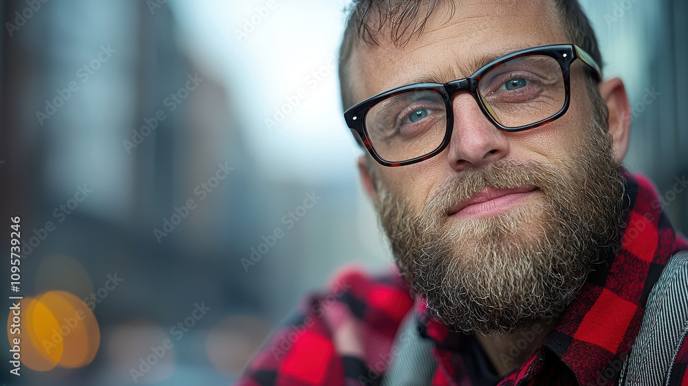 man with beard wearing thick black framed glasses and plaid shirt, exuding hipster vibe in urban setting. His confident expression adds to stylish look man with beard wearing thick black framed glasses and plaid shirt, exuding hipster vibe in urban setting. His confident expression adds to stylish look