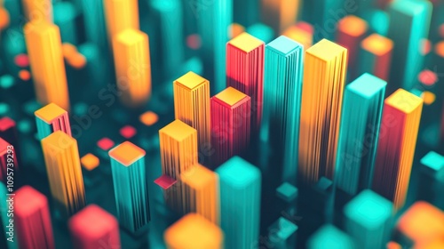 A vibrant 3D representation of data visualizations with colorful bars.