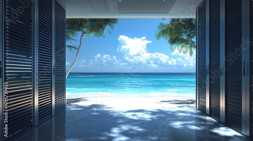 A serene view of the ocean through an open doorway with palm trees and clear skies.