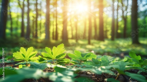 Sunlight filters through trees, illuminating lush green plants on the forest floor.