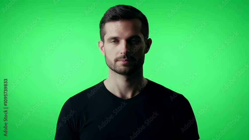 Portrait of a Man Against Green Screen: Serious Expression, Black T-Shirt Portrait of a Man Against Green Screen: Serious Expression, Black T-Shirt