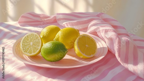 Minimalistic gouache painting of lemons and limes on a table with a light pink striped cloth and a plate, showcasing pastel colors, flat lay perspective, and aesthetic texture for a clean artistic sty photo