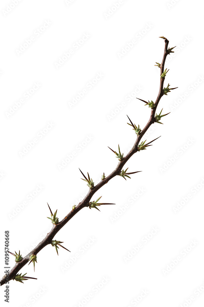 Obraz premium Acacia branch displaying thorns, botanically isolated on a white canvas.