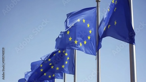 European union flags wave proudly public square photography urban setting wide angle unity and diversity in europe photo